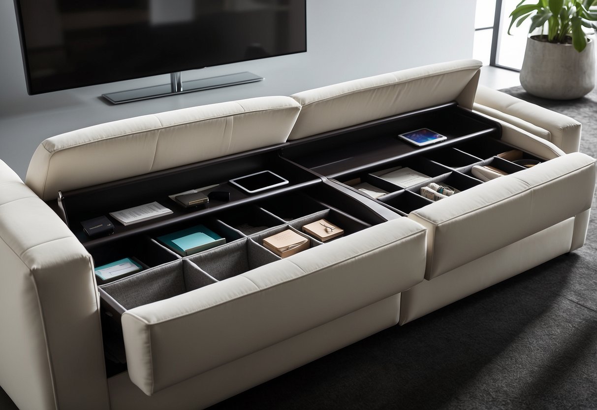 A sleek, modern sofa with built-in drawers and hidden compartments for storing items. The design emphasizes functionality and minimalism