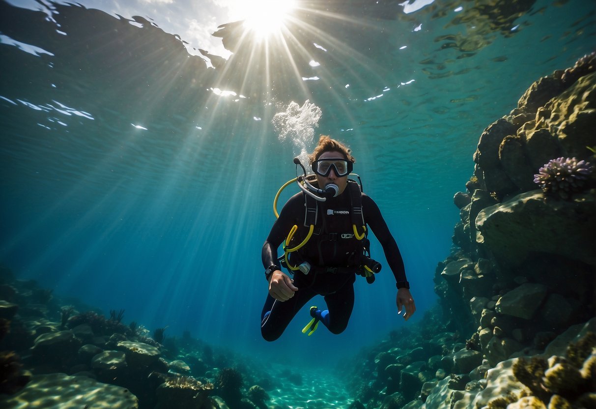 A diver floats in clear blue water, wearing a lightweight diving vest. The vest is sleek and minimal, with pockets for diving essentials. Sunlight filters through the water, creating a serene underwater scene