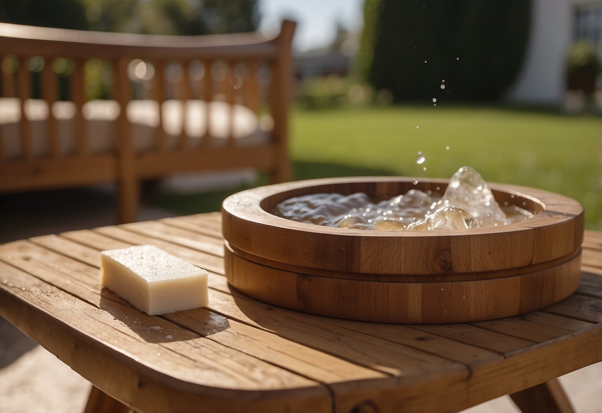 Teak garden furniture being wiped down with a damp cloth and mild soap, then rinsed with water and left to dry in the sun
