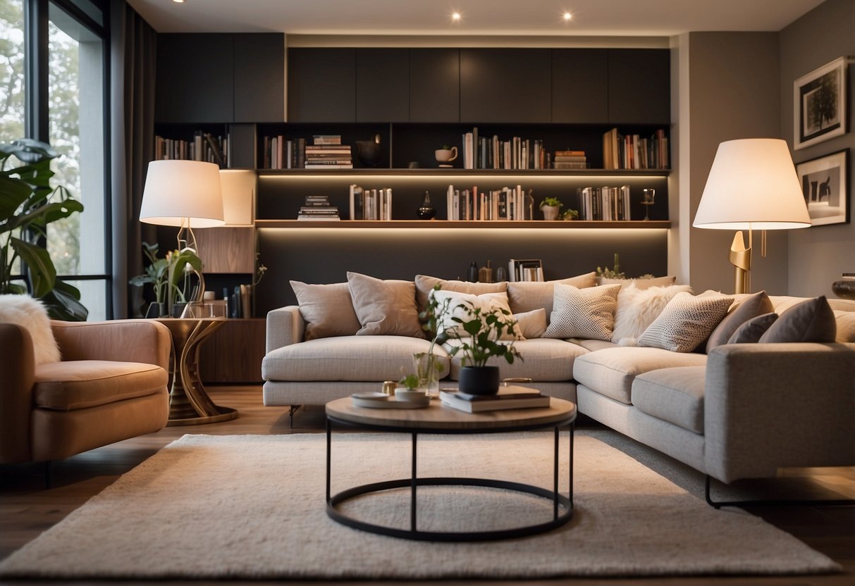 A cozy living room with a stylish sofa, coffee table, and bookshelf. Soft lighting and a plush rug complete the inviting atmosphere