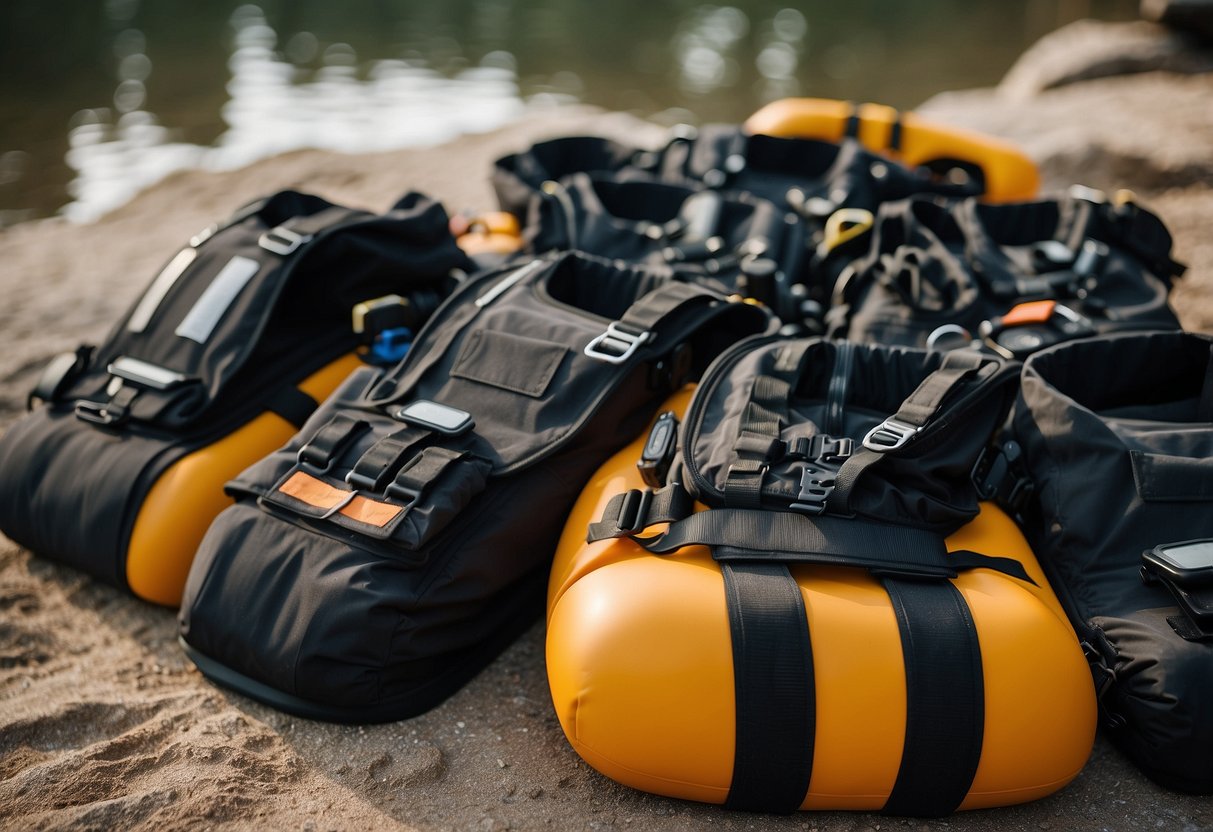 Diving vests laid out with care items nearby, surrounded by lightweight options