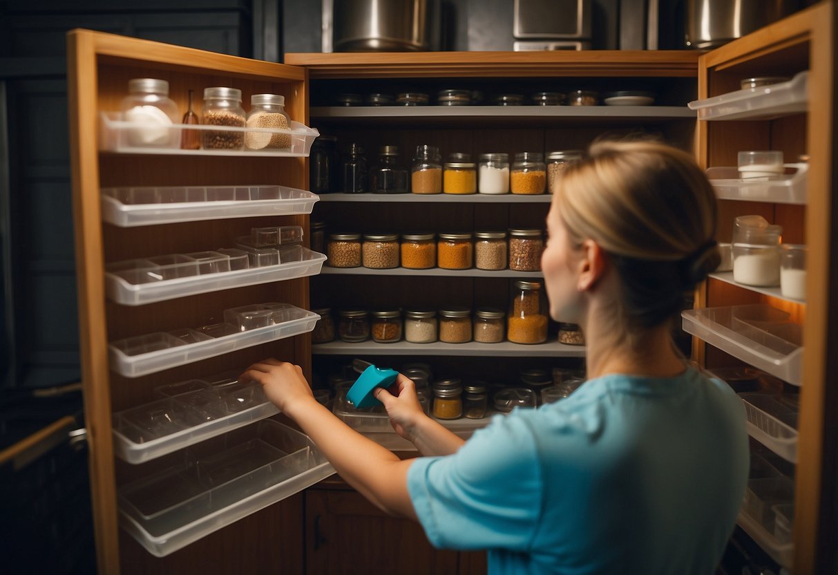 A person is opening a cabinet door to reveal neatly organized shelves with various storage containers and items inside