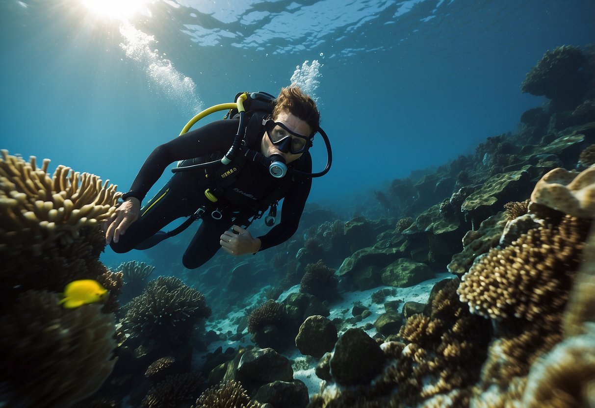 Scuba diver descending without checking equipment, swimming alone, ignoring dive plan, and touching marine life