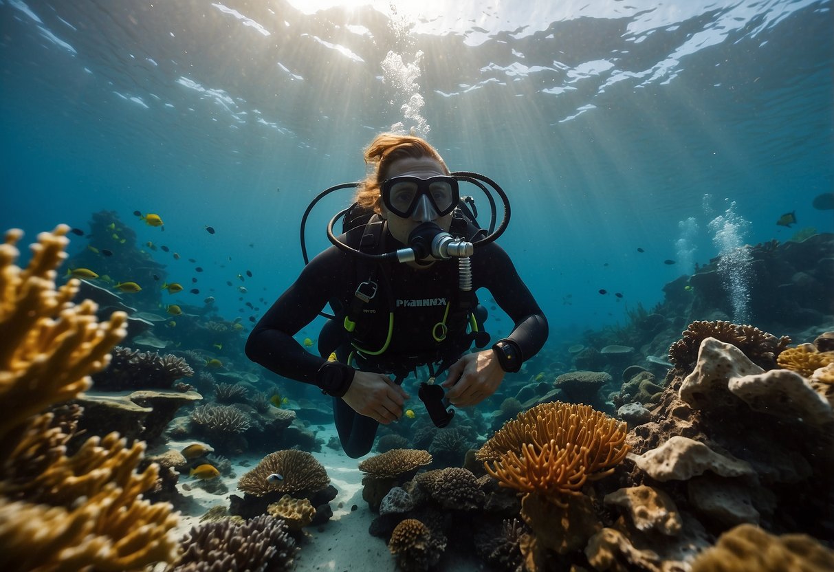 A scuba diver swims past neglected gear, including a rusty tank and frayed diving rope, amidst a backdrop of vibrant coral and marine life