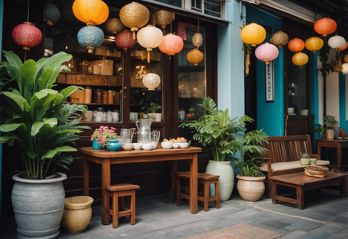 A cozy shophouse in Singapore with traditional wooden furniture and colorful textiles