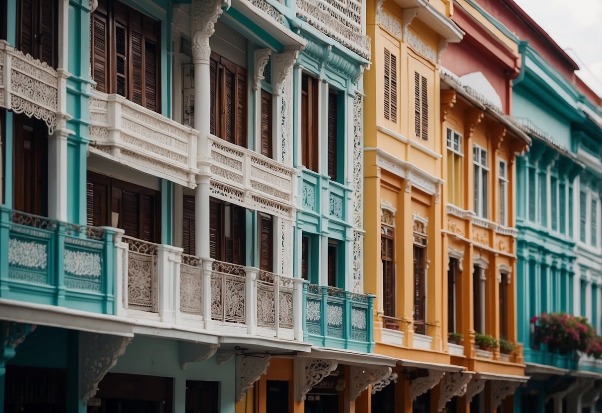 A row of colorful Singapore shophouses, adorned with intricate Peranakan tiles and ornate wooden shutters, stand proudly along the bustling street