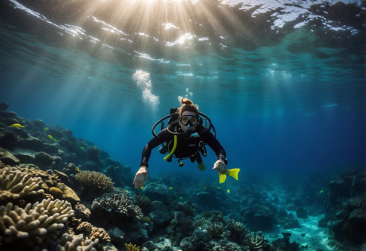 A scuba diver descends without checking equipment or dive plan, surrounded by vibrant coral and marine life