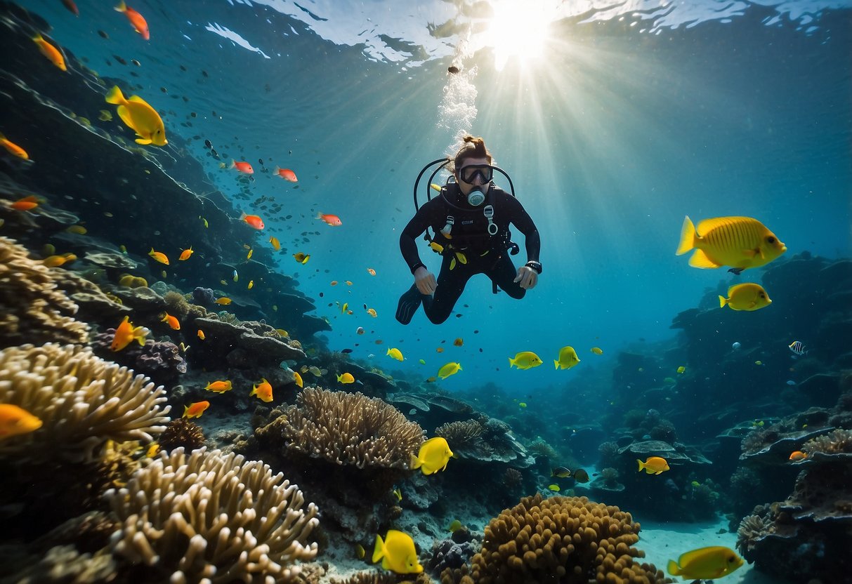 A diver descends into a deep, clear ocean, surrounded by colorful coral and marine life. They navigate carefully, avoiding potential hazards and staying within safe depth limits