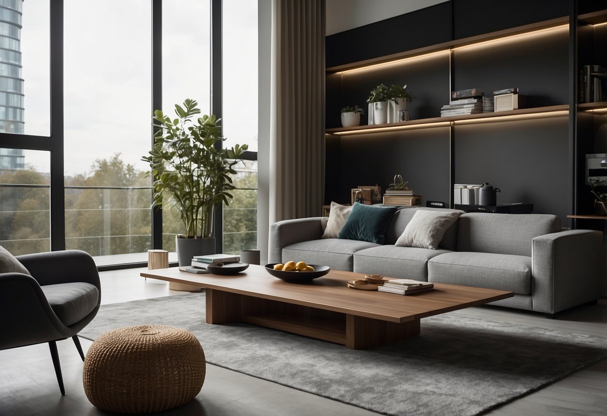 A modern living room with a sleek, multi-functional sofa and coffee table, both with hidden storage compartments. A bookshelf and TV stand also offer discreet storage options