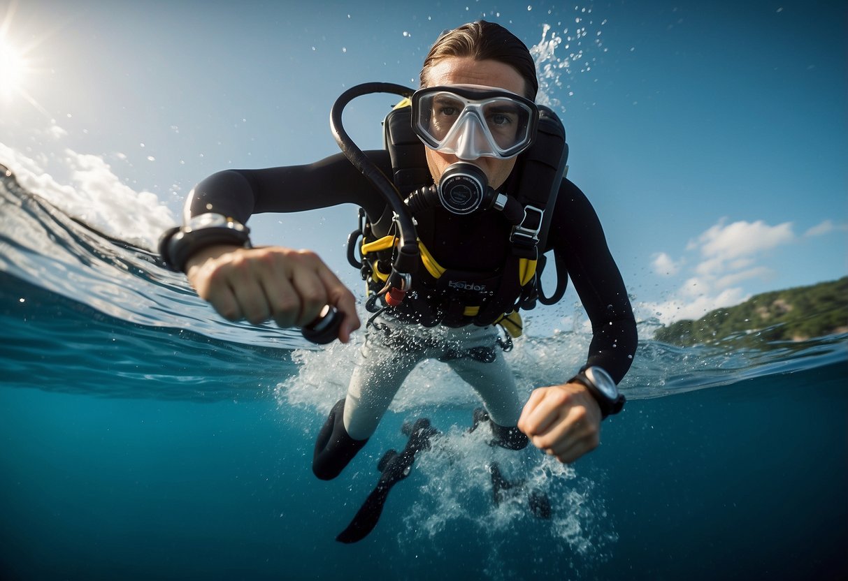 A scuba diver descends too quickly, skipping safety stops. The diver's depth gauge shows a rapid descent, while bubbles rise to the surface