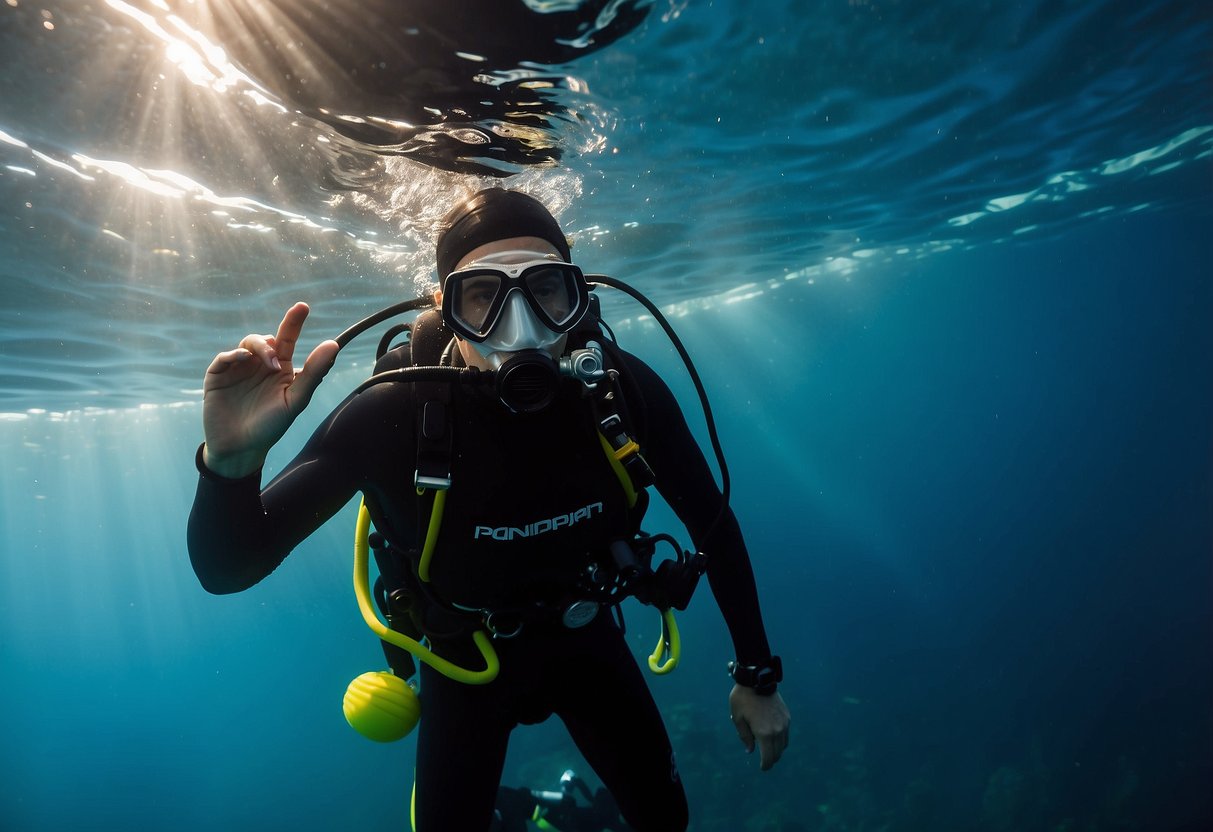 A diver struggles underwater, making common mistakes. Improper training leads to dangerous situations. Avoid these errors for a safe scuba diving experience