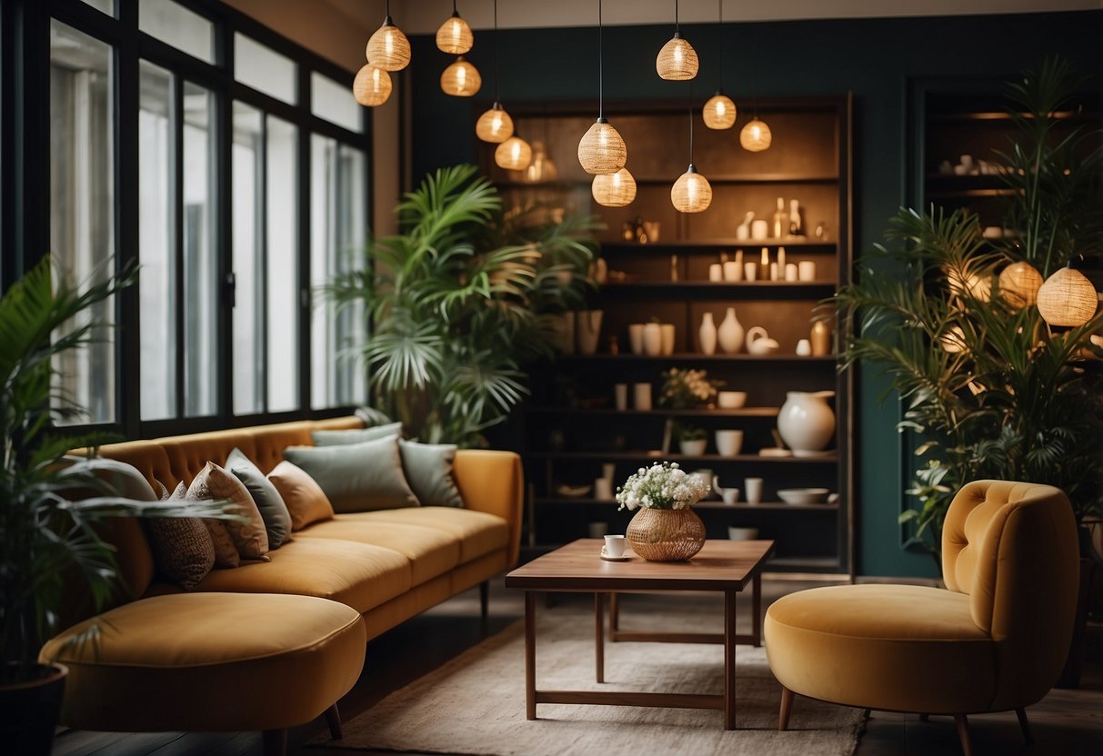 A cozy shophouse interior with elegant furniture and stylish decor. Warm lighting and intricate details create a welcoming atmosphere