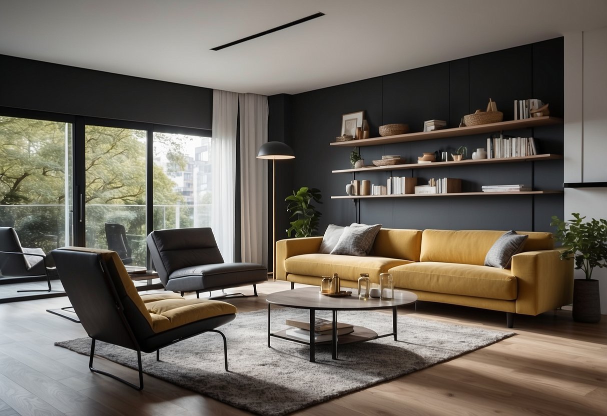 A spacious living room with modular furniture, featuring adjustable shelves, versatile seating, and multi-functional storage units