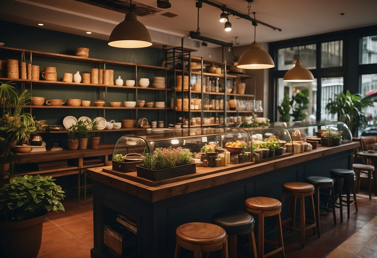 A bustling shophouse in Singapore, with a vibrant display of furniture and decor. Customers browsing, staff assisting, and a warm, inviting atmosphere
