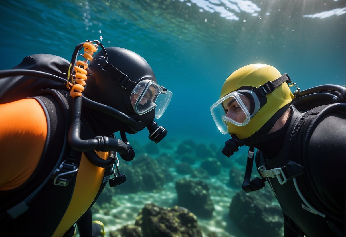 A group of divers wearing insulated rash guards, huddling closely together to stay warm in the cold water. The water is clear and the divers are surrounded by colorful marine life