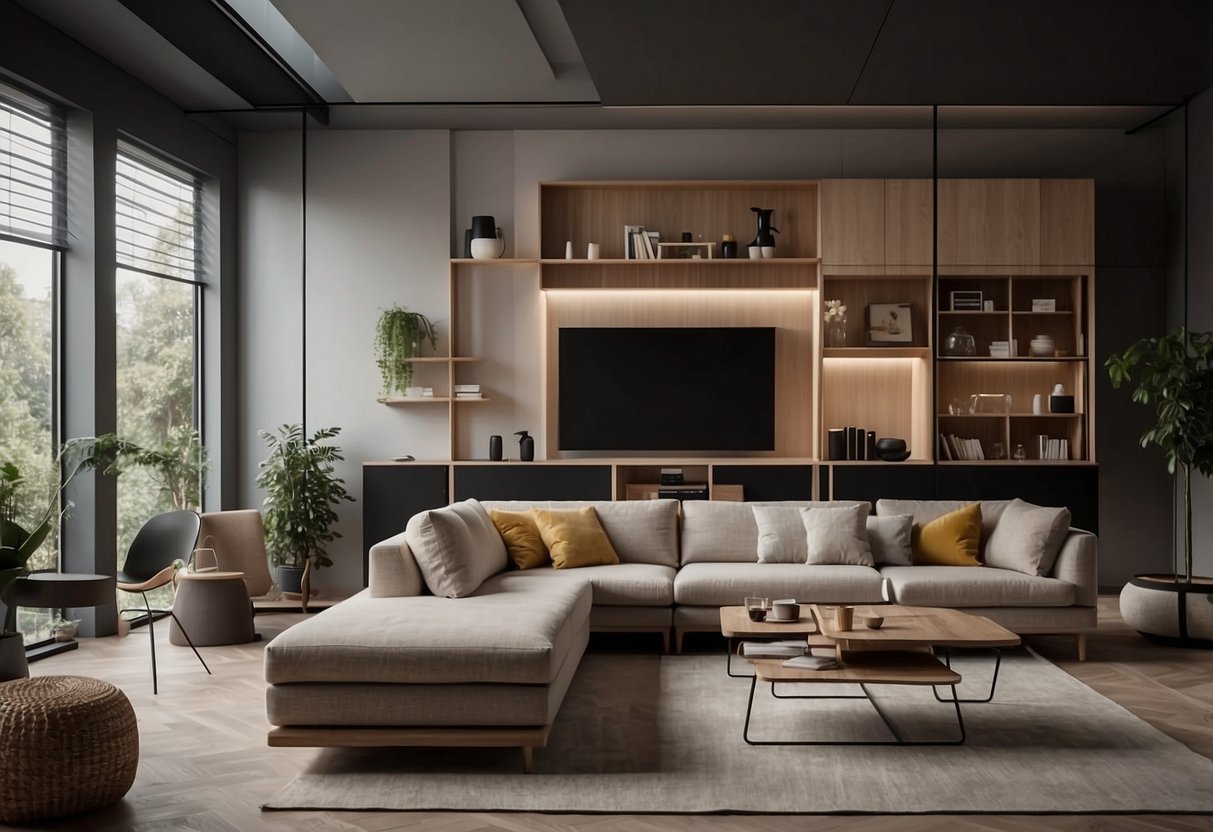 A room furnished with modular furniture, showcasing versatility and space-saving features. Sustainable materials and efficient design highlight cost-effectiveness