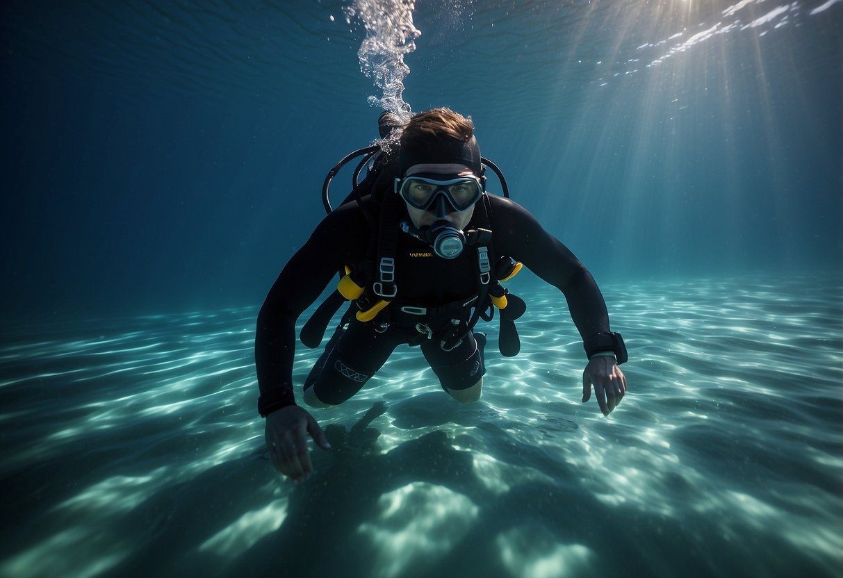 A diver descends into cold water, surrounded by thermal layers and using proper equipment to stay warm. Water temperature and depth are key factors in maintaining thermal balance