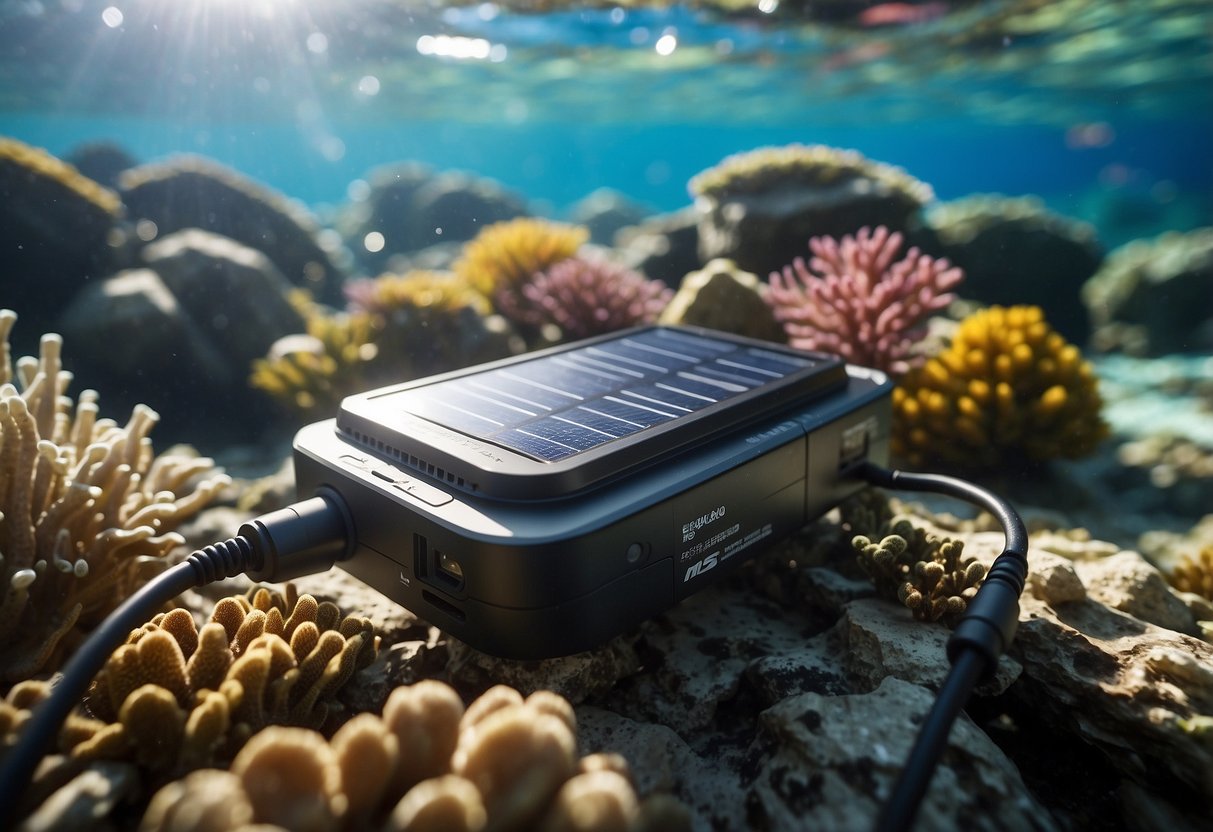 The solar chargers are arranged on a rocky ocean floor, surrounded by colorful coral and marine life. Sunlight filters through the water, illuminating the chargers as they harness the energy to power diving equipment