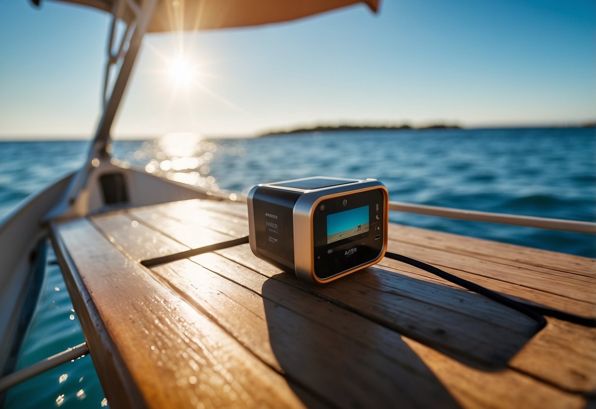 A bright, sunny day on a boat deck, with the Anker PowerPort Solar Lite 5 charging a diving camera and other electronic devices