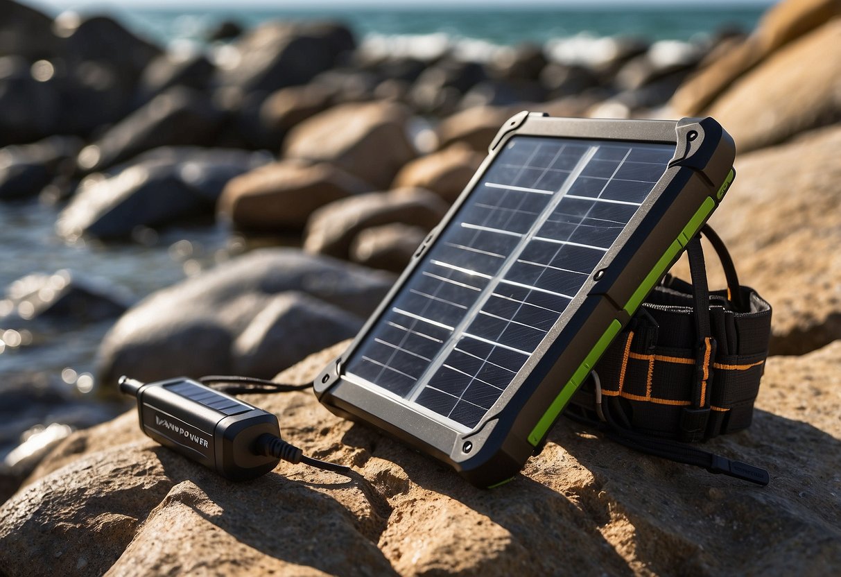 A RAVPower 24W solar charger sits on a rocky shore, with diving gear scattered around. The sun shines brightly overhead, casting a warm glow on the charger and the surrounding equipment