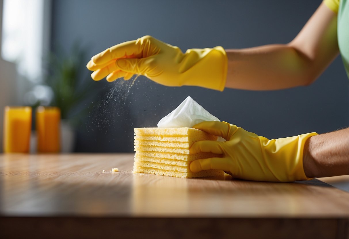 A sponge wipes away a stain from laminate furniture with a cleaning solution, leaving a clean and spotless surface