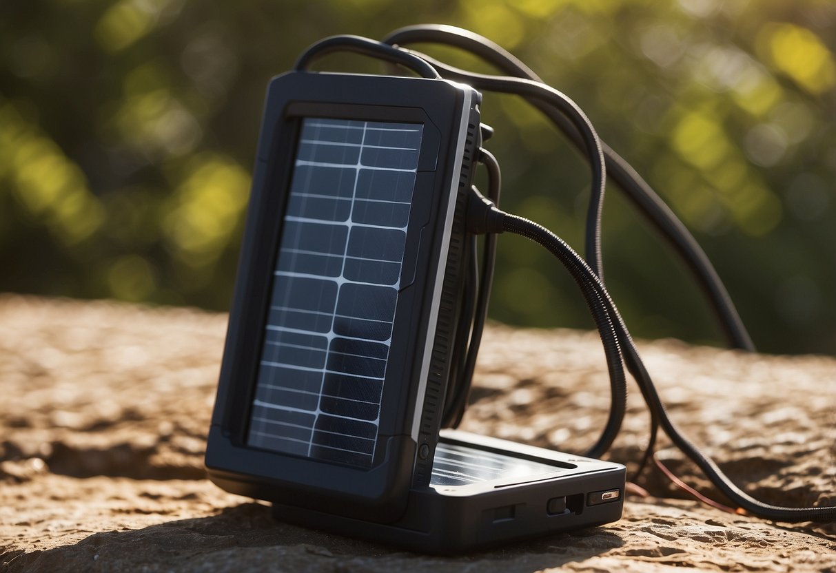 The sun shines down on a solar charger, absorbing its energy. The charger then converts the sunlight into power, which is used to charge diving equipment