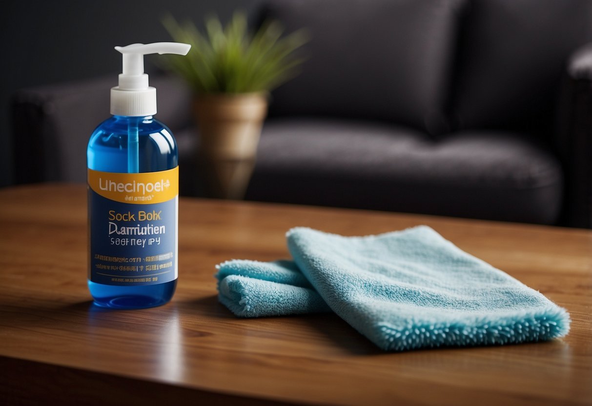 A cloth dabs at a dark stain on laminate furniture. A bottle of cleaning solution and a sponge sit nearby