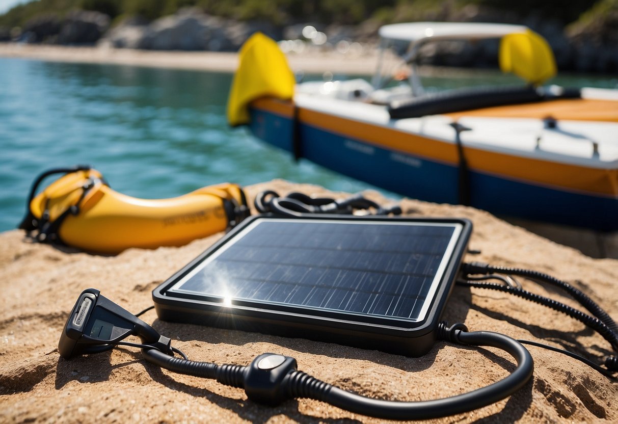 A sunny beach with snorkeling gear and a solar charger next to a diving boat. Sunlight powers the charger, highlighting its benefits for diving trips