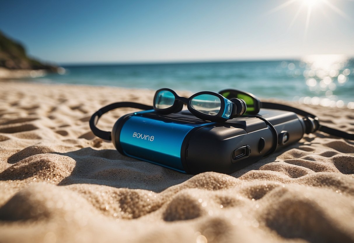 A sunny beach with diving gear and solar chargers laid out. Clear blue water in the background