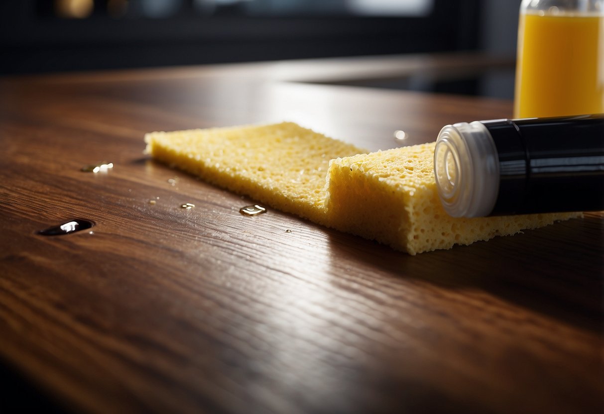 A sponge wiping away a coffee stain from a laminate table, with a bottle of cleaning solution nearby