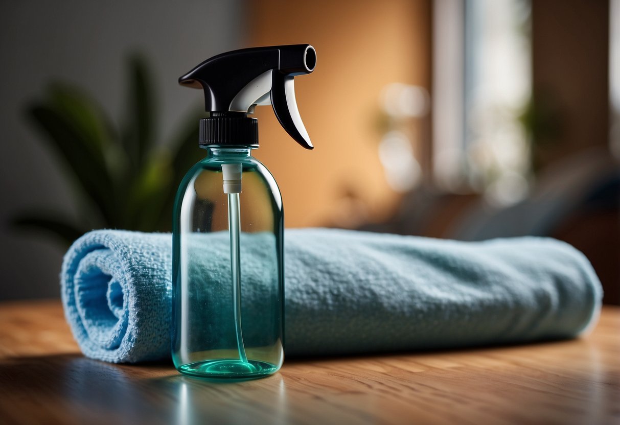 A bottle of cleaner and a soft cloth on a stained laminate table