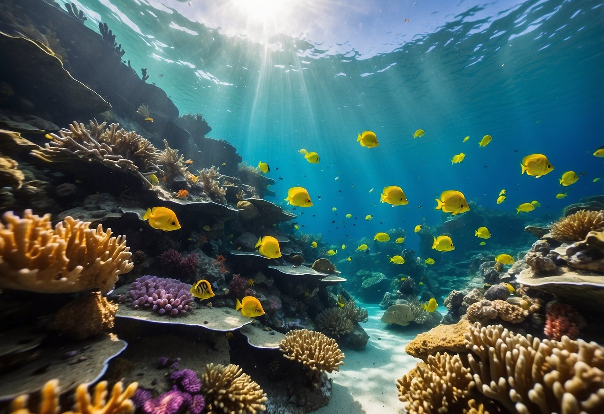 Crystal clear waters surround vibrant coral reefs, teeming with colorful fish and marine life. Sunlight filters through the water, illuminating the underwater world