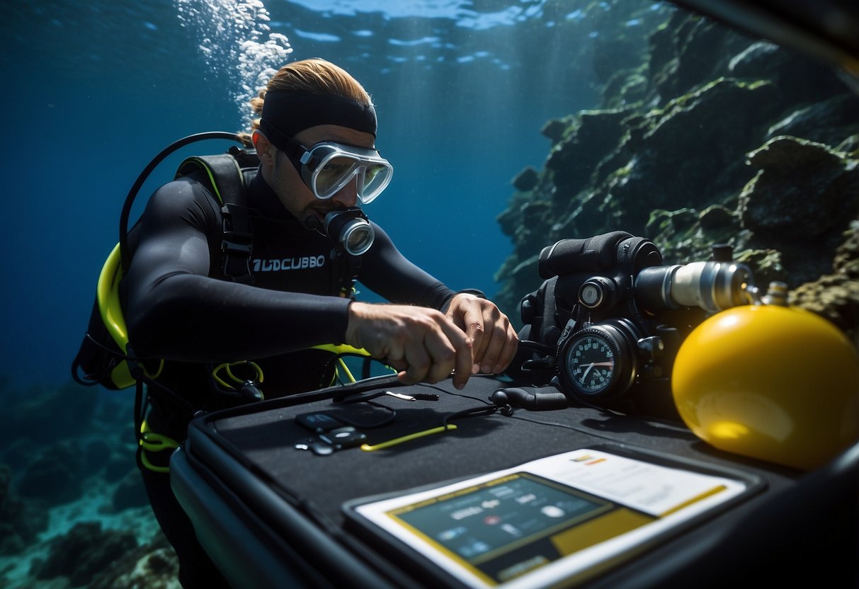 A diver packs gear, checks oxygen levels, reviews dive plan, and communicates with dive buddy. They also inspect equipment and ensure physical and mental readiness