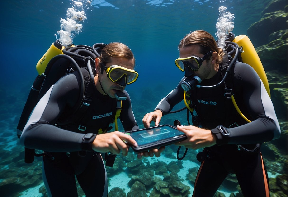 Two divers check equipment, review dive plan, signal readiness, and descend into the deep blue ocean