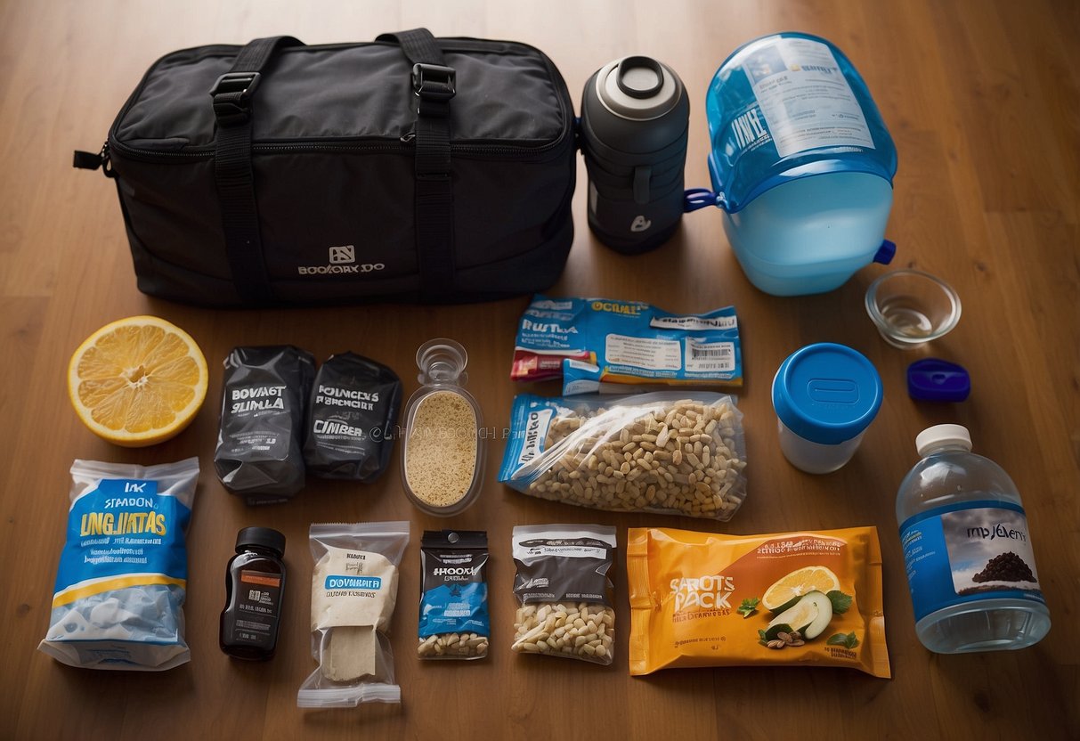 A diver's gear laid out: water bottles, energy bars, fruit, and electrolyte packets. A hydration pack and nutrition plan are visible