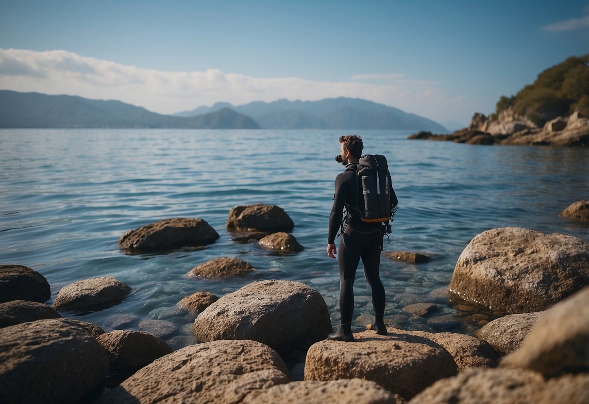 A diver stands on a rocky shore, surrounded by calm blue waters. They take deep breaths, visualizing the dive ahead and mentally preparing for the long-distance journey