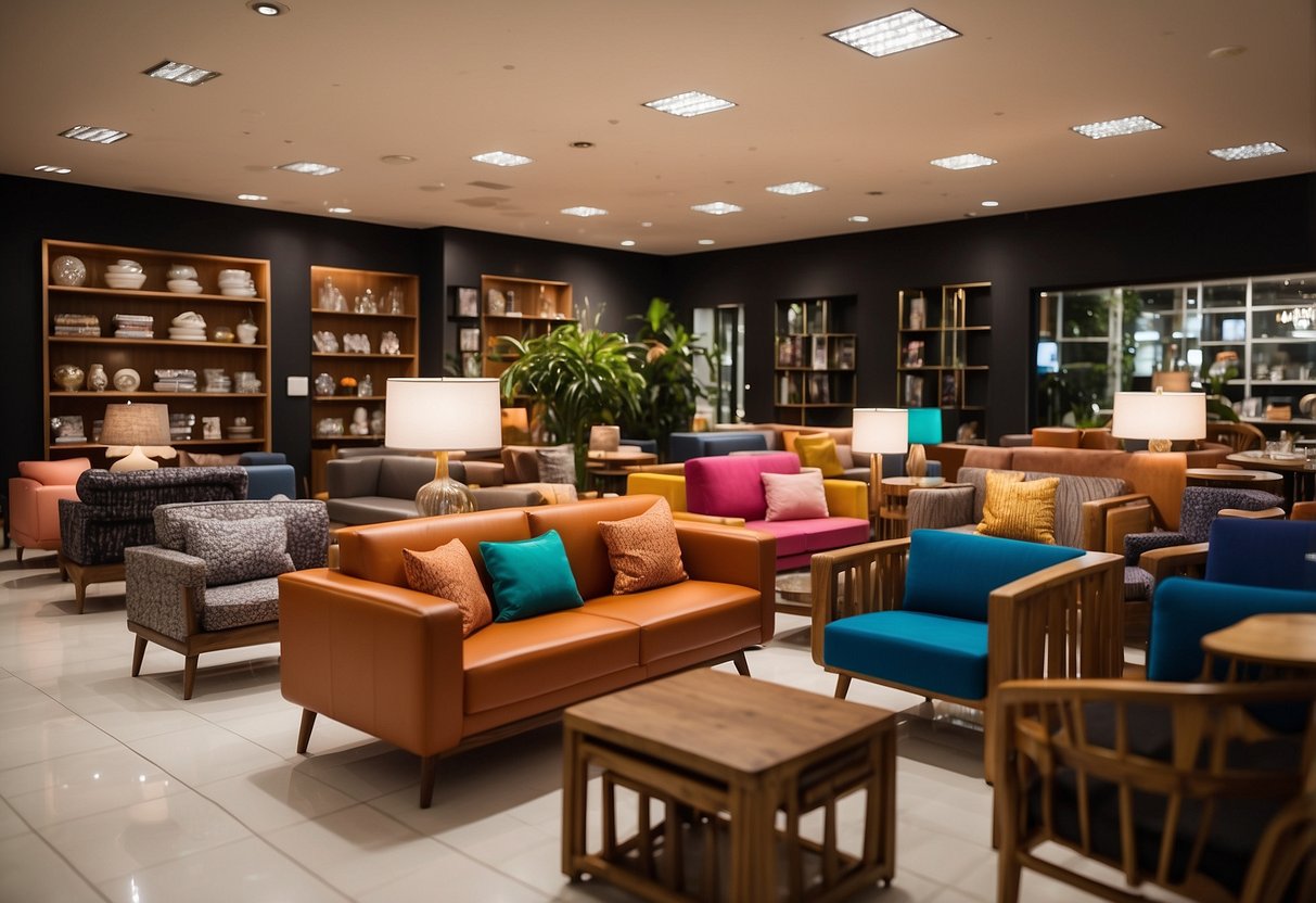 A busy furniture shop in Hougang, filled with shelves of neatly arranged chairs, tables, and sofas. Bright lighting highlights the polished wood finishes and colorful upholstery