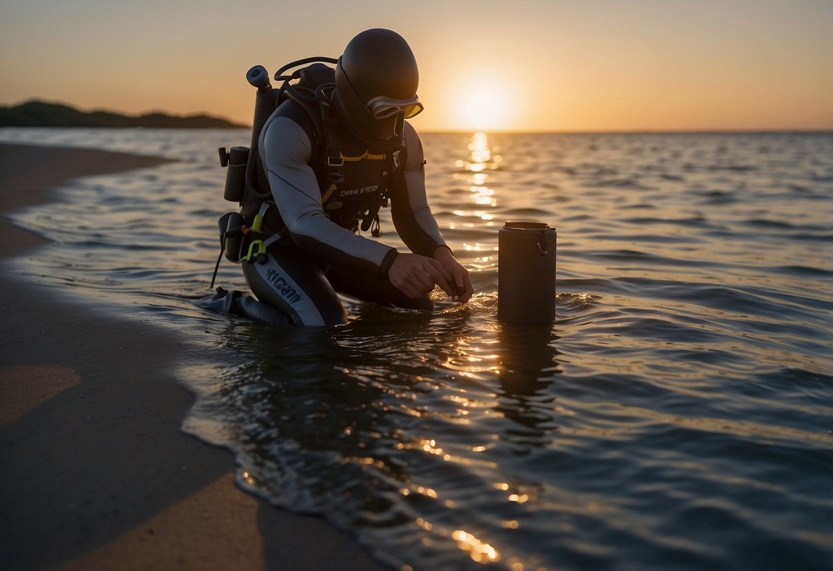 A diver lays out equipment, checks air tanks, reviews dive plan, and performs safety checks. The sun sets over the calm ocean, creating a serene atmosphere