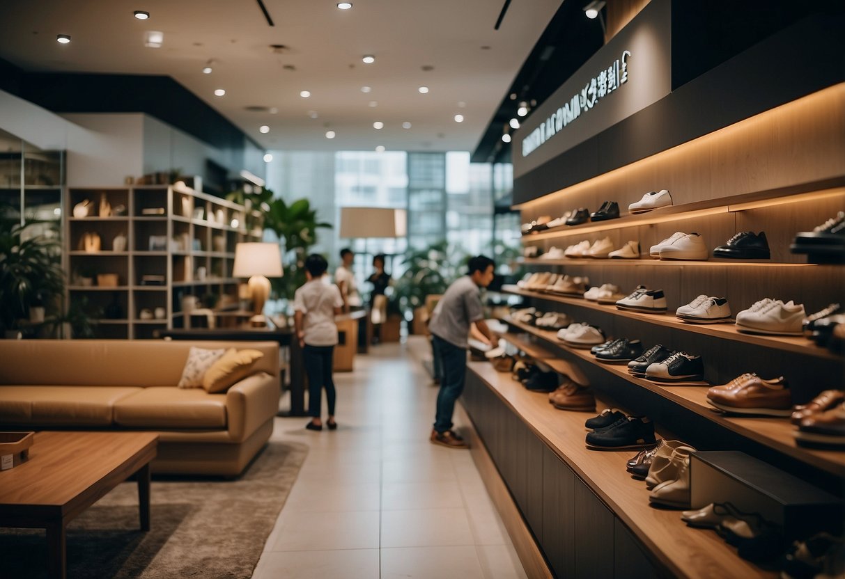 Customers browsing shelves, trying out sofas, and admiring display rooms in a bustling furniture shop in Hougang