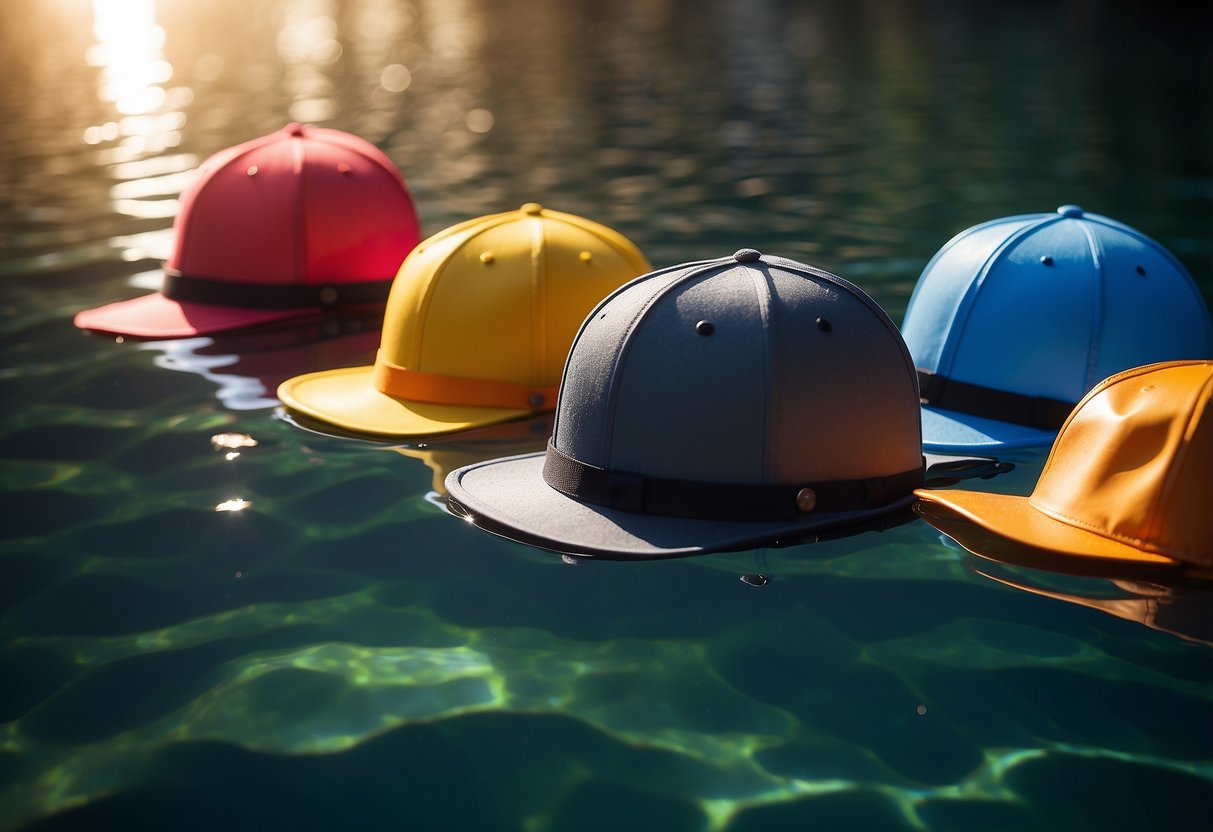 Five diving hats floating on water surface, with sunlight reflecting off their lightweight material