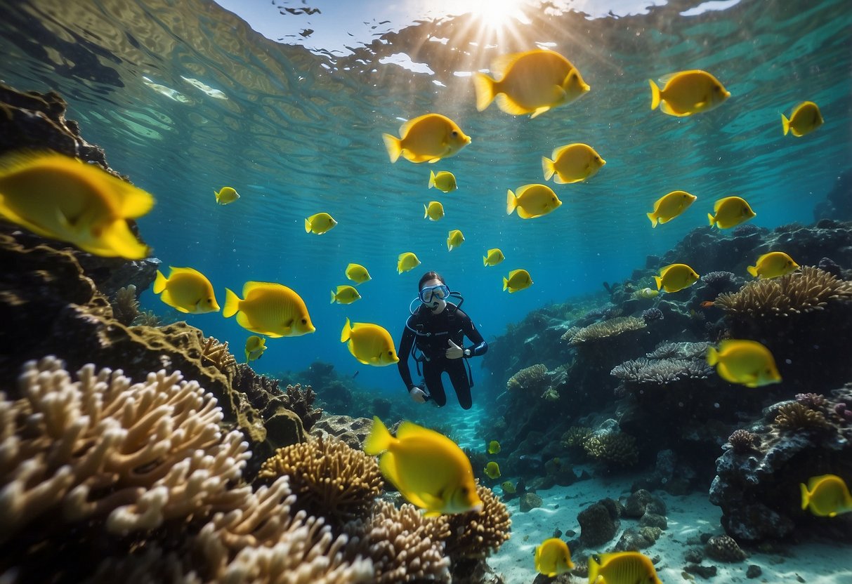 A bright, sunny day on a calm ocean surface. A snorkeler wearing a Cressi Supernova Dry 5 lightweight diving hat, surrounded by colorful fish and coral