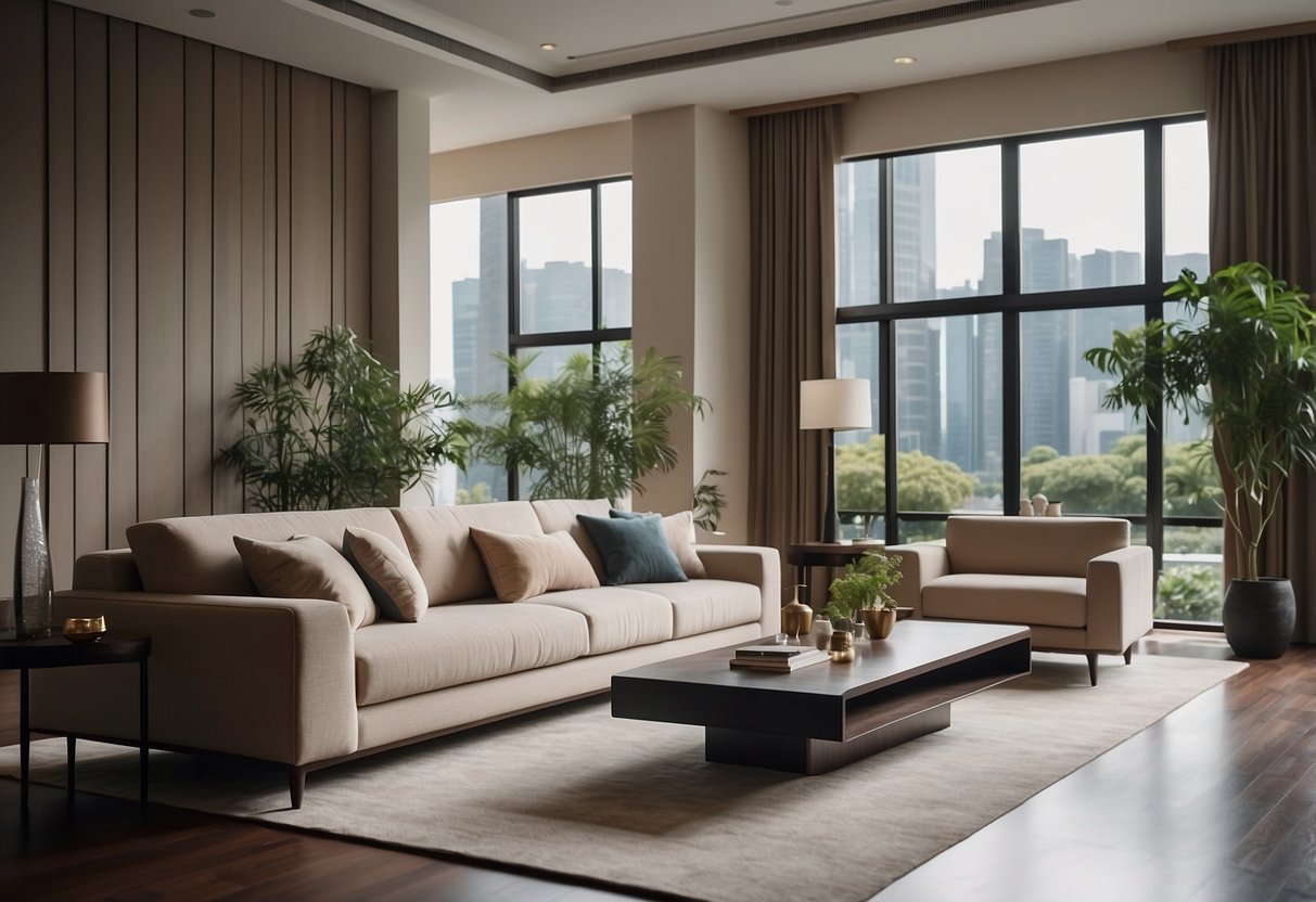 A modern living room with sleek Barossa Singapore furniture, featuring a minimalist design with clean lines and neutral colors