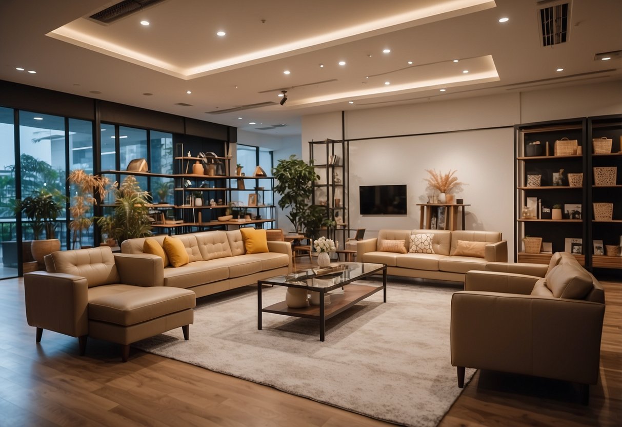 A spacious furniture shop in Hougang, filled with modern and traditional pieces. Bright lighting and neatly arranged displays create an inviting atmosphere