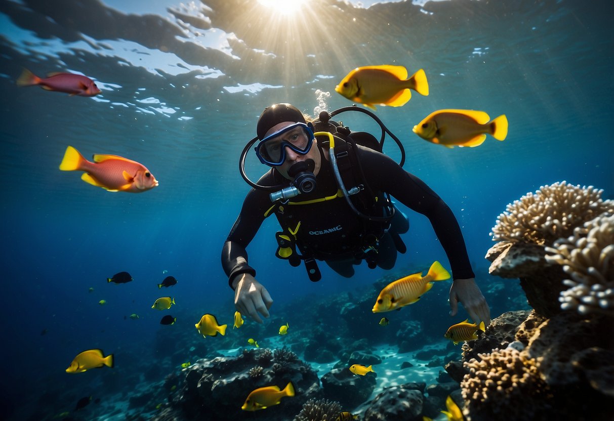 A diver wearing the Oceanic Shadow 5 Lightweight Diving Hat descends into the deep blue sea, surrounded by colorful coral and exotic sea creatures