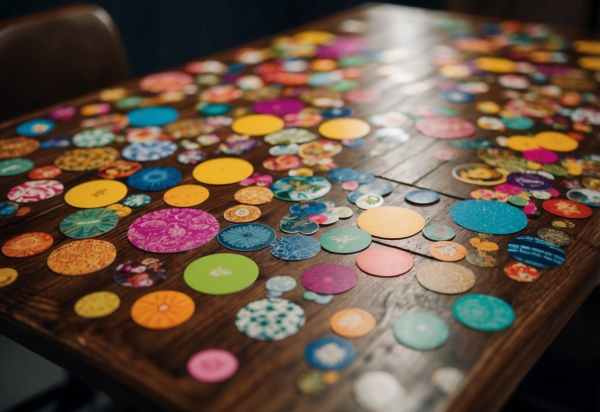 A table with a wooden surface covered in colorful vinyl stickers in various patterns and sizes. The stickers are neatly placed and add a vibrant touch to the furniture