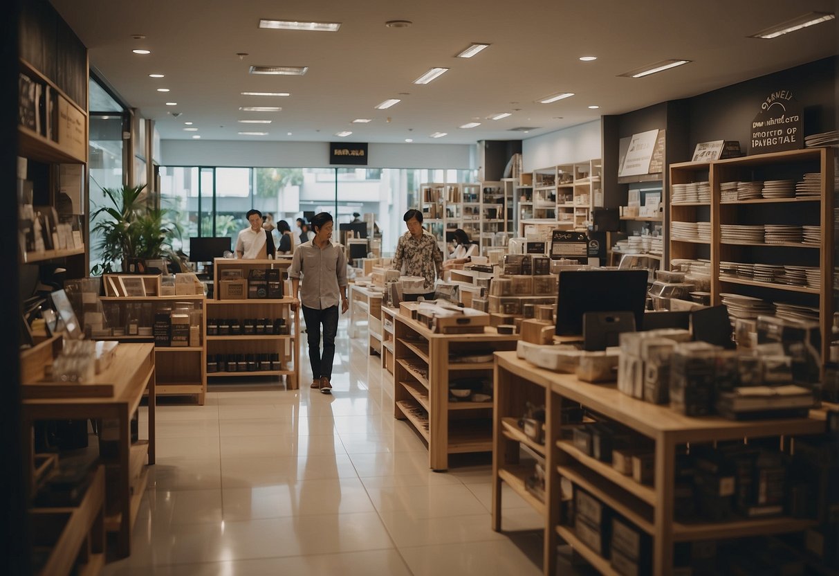 A bustling furniture shop in Hougang with customers browsing and staff assisting. Shelves are stocked with various items, and a sign prominently displays "Frequently Asked Questions."