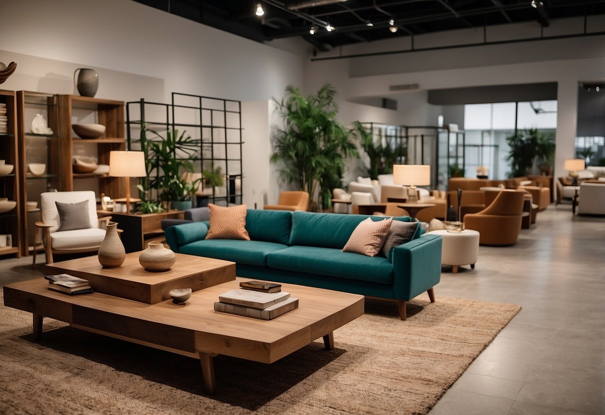 A diverse range of furniture fills the spacious showroom, from modern minimalist designs to intricate traditional pieces, creating a visually captivating display