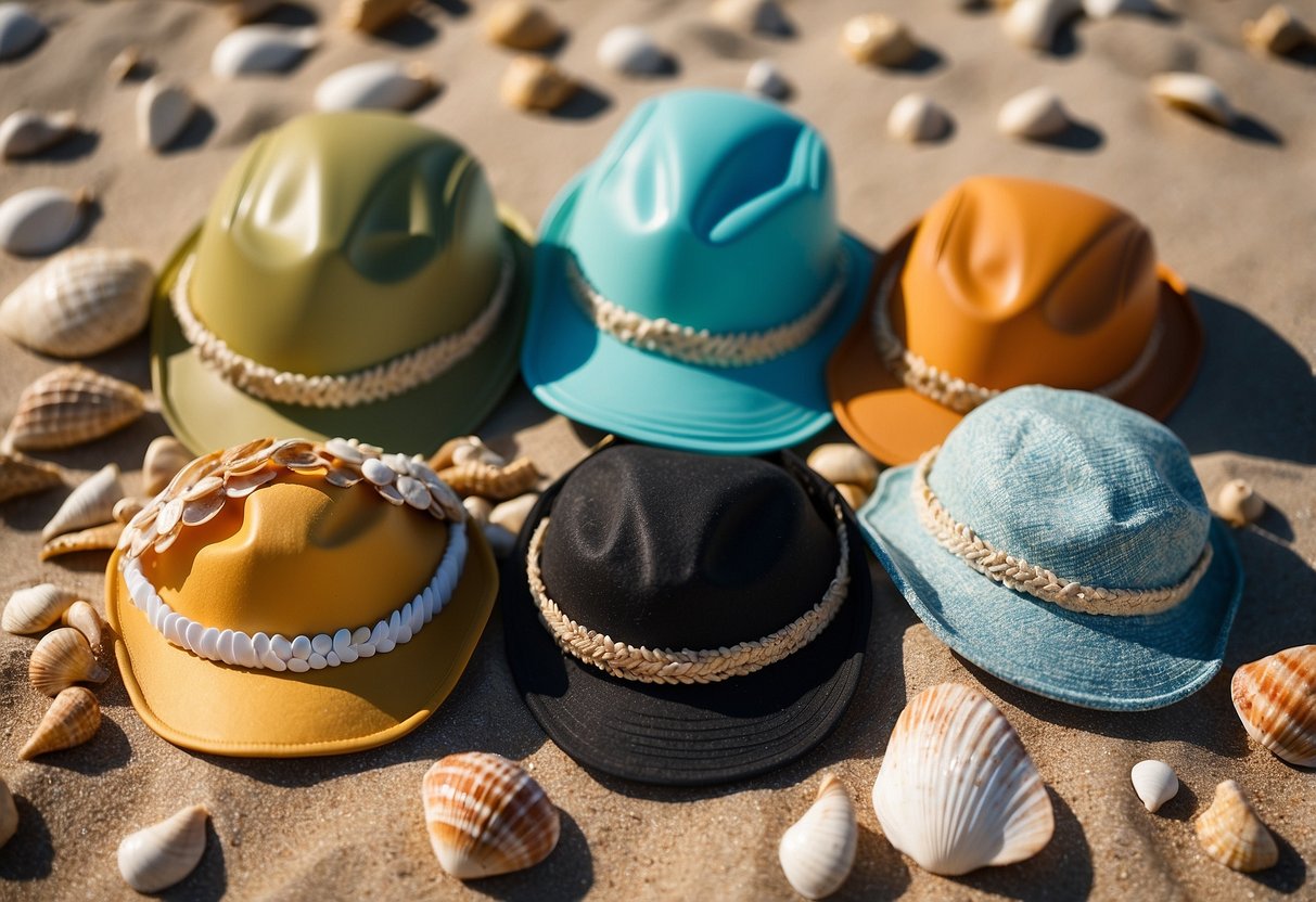 Five lightweight diving hats lay on a sandy beach, surrounded by seashells and ocean waves, showcasing their durability and materials