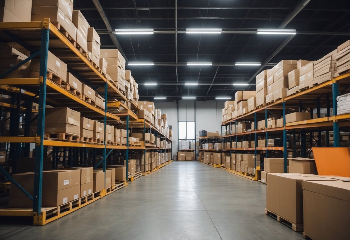 A warehouse filled with modern office furniture and supplies, neatly organized on shelves and pallets, ready for distribution to WeWork locations