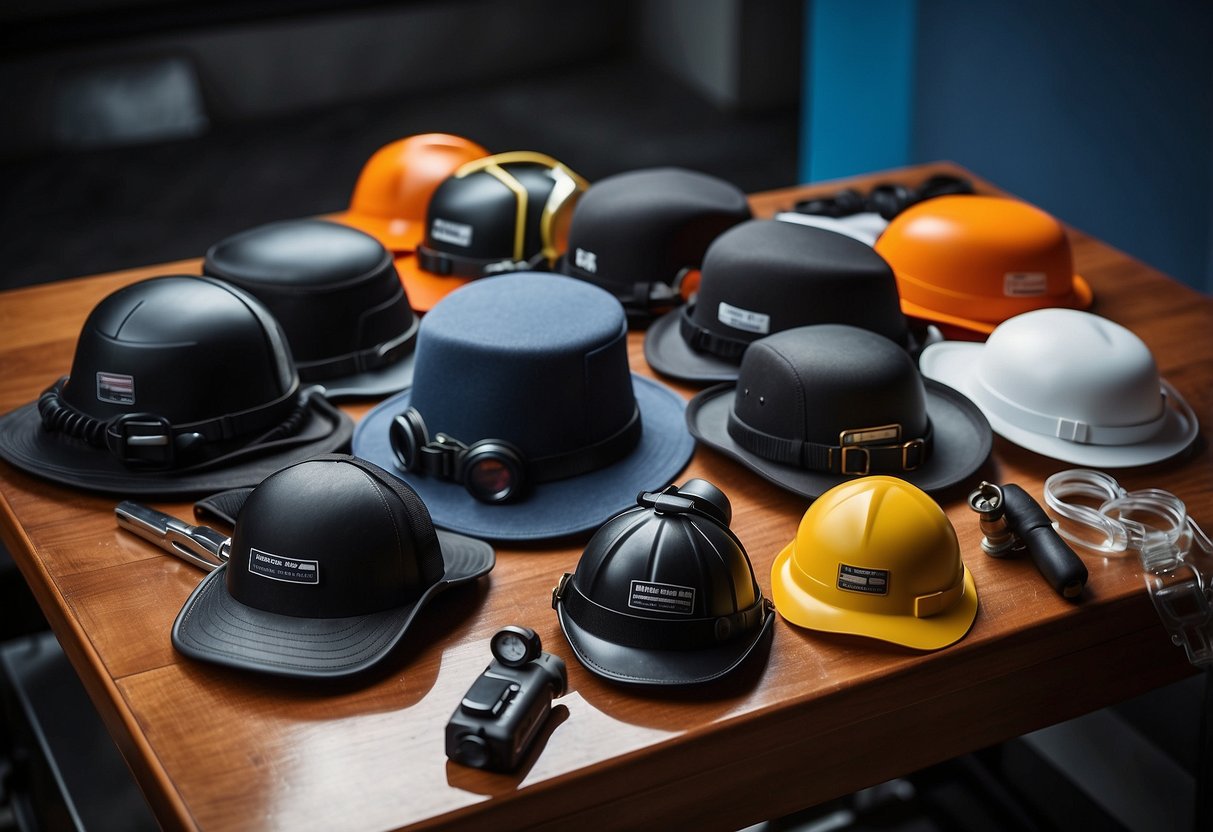 A table with 5 different lightweight diving hats, surrounded by diving equipment and tools. Each hat is displayed prominently, with clear labeling and a list of maintenance tips beside them